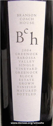 Branson Coach House Greenock Block Shiraz 2004 label 