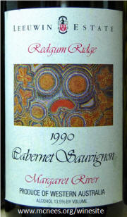 Leeuwin Estate Margaret River Redgum Ridge Cabernet Sauvignon 1990 label