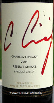 Charles Cimicky Reserve Barossa Valley Shiraz 2004 Label