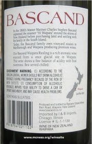Bascand Waipara Riesling 2008 Rear Label