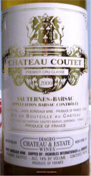 Chataeu Coutet Grand Cru Classe Sauterne 2000 Label