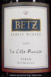 Betz Family Winery - La Cote Rousse - Red Mountain Syrah 2006 label