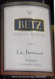 Betz La Serenne Columbia Valley Syrah 2006 label
